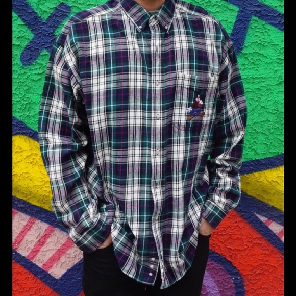 Disney Other - Vtg DISNEY Green Plaid Flannel Embroidered Goofy